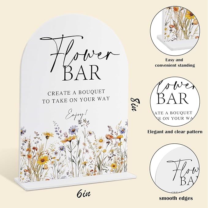 Wedding Signs for Ceremony and Reception, Boho Floral Acrylic Flower Bar Sign, Wedding Signage with Stand, Bridal Shower Table Centerpieces, Flower Bar Supplies for Engagement Reception Events, 22