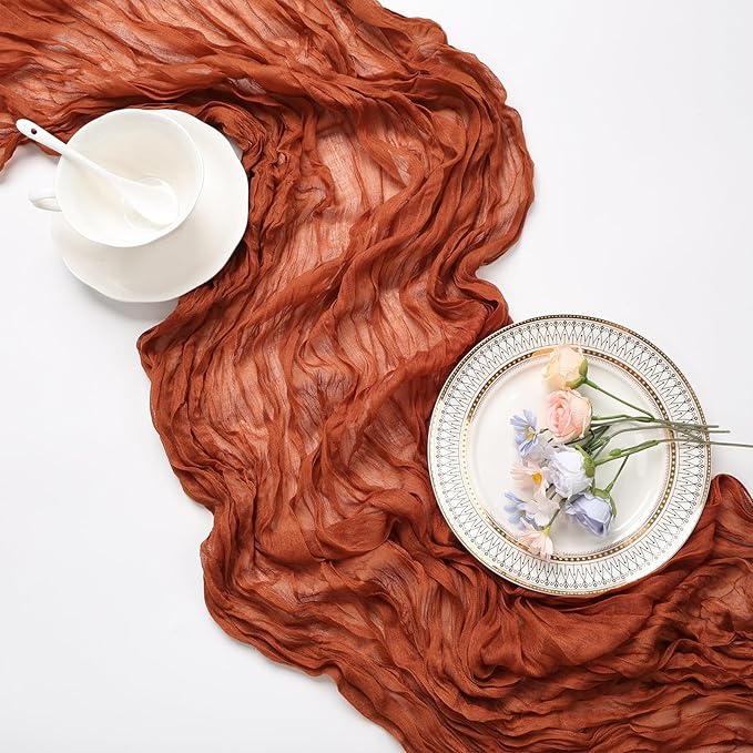 6 Pack Fall Thanksgiving Table Runner Terracotta Cheesecloth 10ft Boho Gauze Fabric Cheese Cloth Burnt Orange Table Runner 35 x 120 Inch Rustic Sheer for Wedding Décor Party Centerpiece Decoration