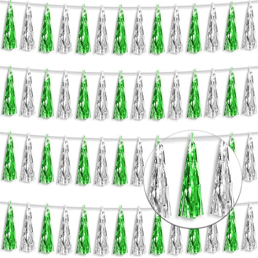 4P Green Silver Foil Fringe Tassel Banner Garland Metallic Tinsel Streamers Wall Hanging Curtain Backdrop Banner for Parade Floats, 2024 Graduation Decorations, Father's Day Party Decoration