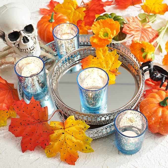 Homemory 12 Pcs Blue Votive Candle Holders, Mercury Glass Candle Holder, Tealight Candle Holders for Table Centerpieces, Baby Shower, Party, Anniversary, Wedding, Home Decor, Halloween, Christmas
