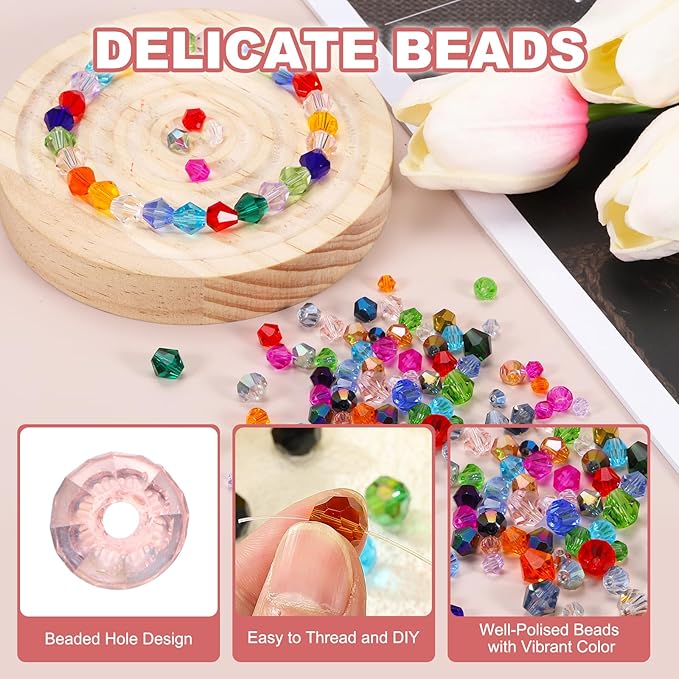 PATIKIL 1000pcs 4mm Bicone Glass Crystal Beads, Faceted Glass Spacer Beads with Box for Jewelry Making Bracelet Necklace Earrings DIY Suncatcher Craft, Pink AB