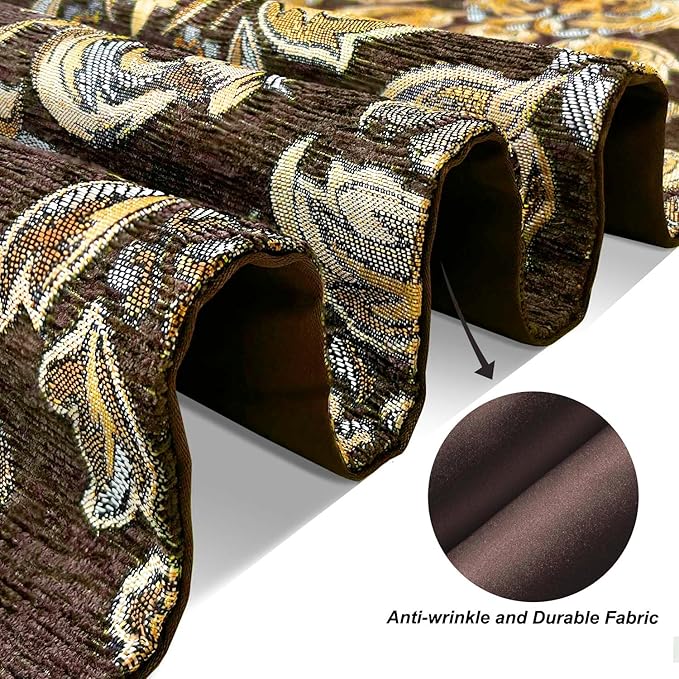 Sophisticated Jacquard Dark Brown Chenille Table Runner with Bling Gold Embroidered 13x84 inches