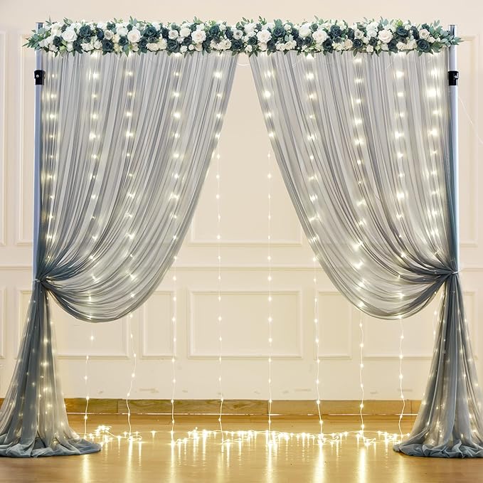 Silver Grey Tulle Backdrop Curtain with Lights String for Parites 10x10ft Sheer Backdrop Curtains for Birthday Party Bridal Shower Baby Shower Wedding Ceremony Prom Photo Booth Background Decorations