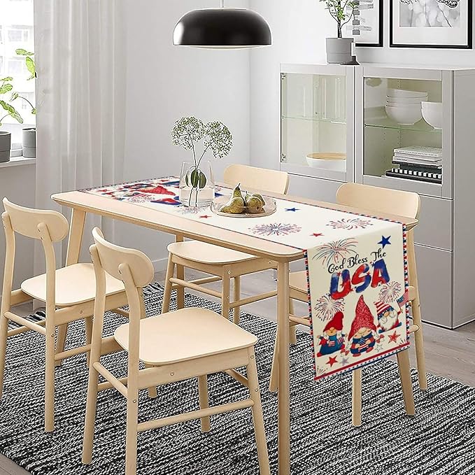 Cute Patriotic Gnomes Table Runner, American Independence Day 4th of July Gnome Blue Red Fireworks Confetti Print Table Runner for Home Kitchen Dining Table Party Decor, 13x70inch