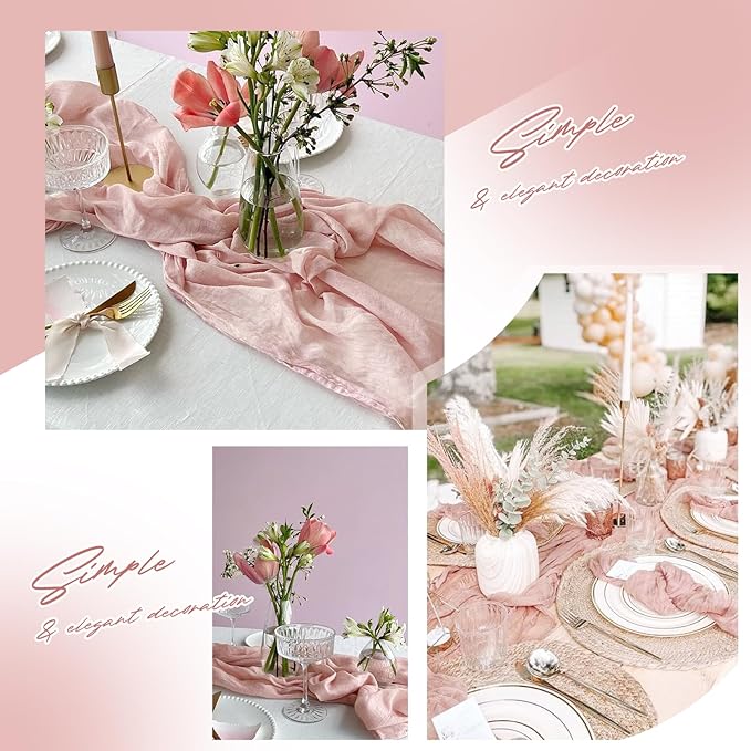 Aktor 12 Pack Dusty Pink Table Runner Boho Cheesecloth Table Runner Semi Sheer Gauze Fabric Runners for Wedding Birthday Baby Shower Party Boho Table Decoration（Dusty Pink）