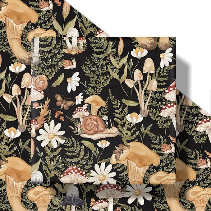RUSPEPA Forest Mushroom Wrapping Paper Roll, Mini Roll, Woodland Squirrel and Snail Design, Black Nature Gift Wrap for Fall, Birthday, Thanksgiving Party, 17 Inches x 16.4 Feet
