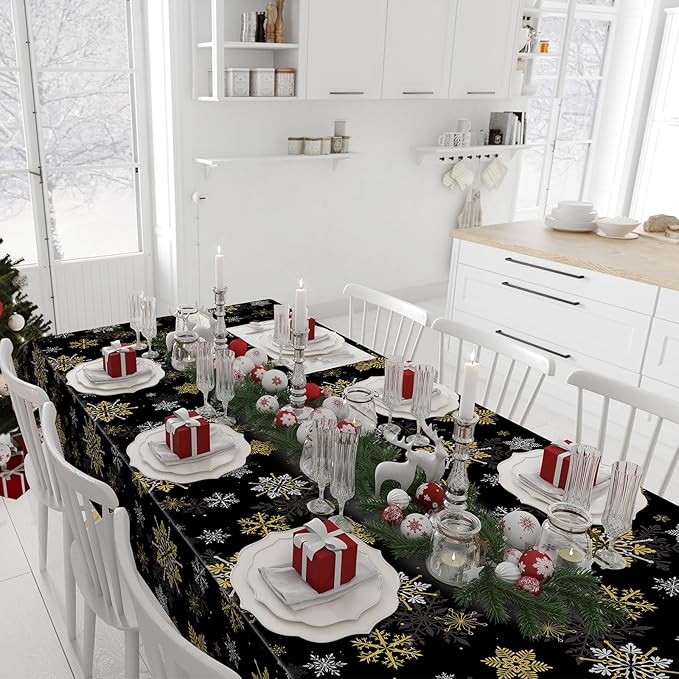 3Pcs Christmas Snowflake Party Tablecloths Decorations,Plastic Black and Gold Table Cloth,Winter Rectangle Table Cover for Christmas New Year Birthday Baby Shower Holiday Party Decorations,54x108 inch
