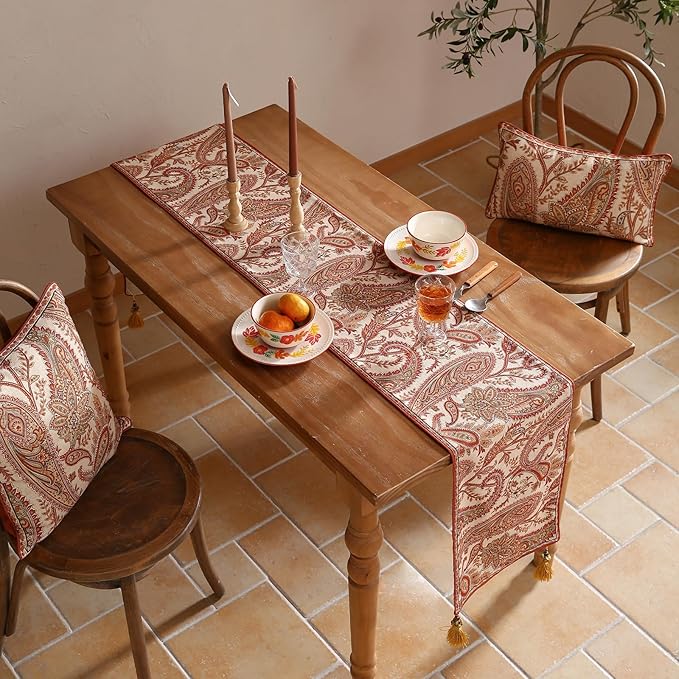 ISAENNE Designer Elegant Red Linen Table Runner 87 Inches Long,Vintage Paisley Pattern Durable Table Runners for Dining Tables,Thanksgiving,Kitchen Tables,Christmas,12"*87"-Chauffrey A