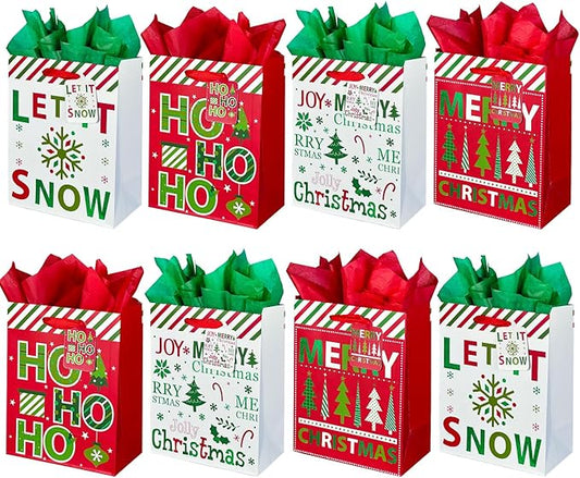 GITMIWS 12 Pack Christmas Paper Gift Bags with Tissue Paper, 9'' Medium Christmas Treat Gift Bags Bulk with handles, Xmas Shopping Tote Goodie Bag for Kids, Xmas Party Favor Decor