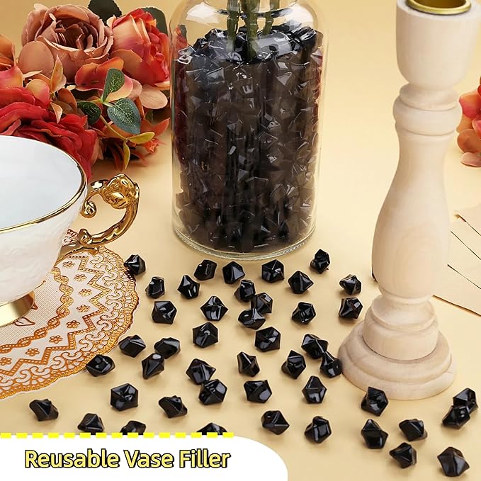YATOJUZI 500pcs Fake Ice Cubes Black Acrylic Crushed Rocks Vase Fillers Plastic Diamonds Gems for DIY Party Wedding Centerpiece Table Scatter Prop Display 0.5" (Only Black)