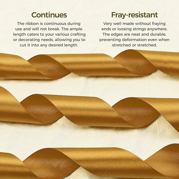 Gold Satin Ribbon 3/8 inch X Continuous 50 Yards, Single Face Polyester Ribbon Perfect for Gift Wrapping, Flower Bouquet, Wedding Decor, Crafts, Bow Making, Sewing and More