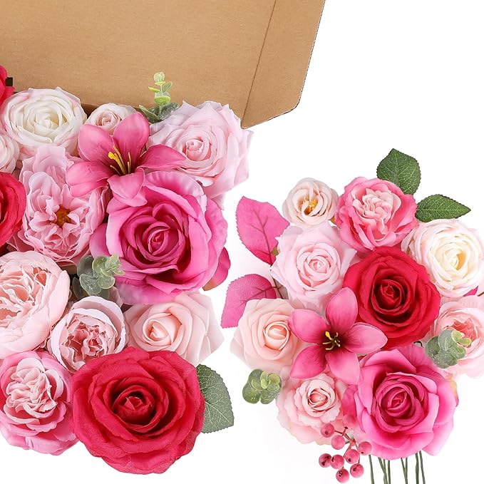AmyHomie Fuchsia Pink Artificial Flowers Combo Silk Mix Peony Rose Fake Flowers w/Stem for DIY Wedding Bouquets Centerpieces Arrangements Table Fall Decor Party Bridal Baby Shower Home Decorations