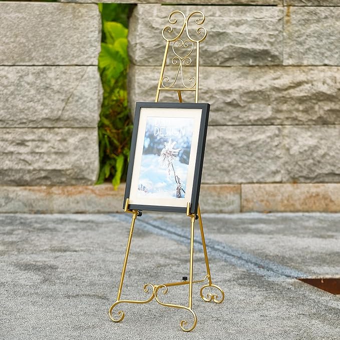 Metal Large Free Standing Adjustable Display Stand Scroll Easel with Chain Support, Gold Easel Stand for Sign, Heavy Duty Easel for Mirror, Wedding, Picture Frame (No Installation Required)