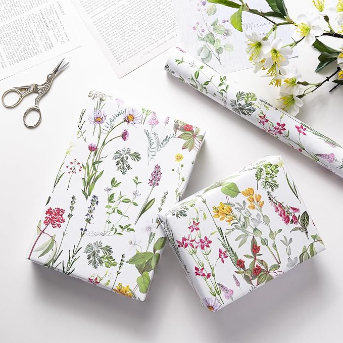 RUSPEPA Floral Wrapping Paper Roll for Women Girls, Mini Roll, Elegant Wild Flower Design Gift Wrap Paper Perfect for Birthdays, Bridal Shower, Spring, Wedding, Mother's Day, 17 Inch x 16.4 Feet