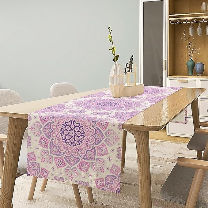Purple Pink Mandala Table Runner, Traditional Indian Boho Mandala Flowers Print Table Runne for Kitchen Dining Table Office Wedding Party Holiday Home Decor, 13x108inch