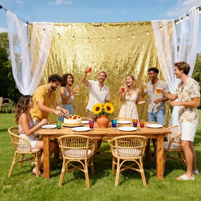 VOK Gold Sequin Backdrop Curtains 2 Panels 2FTx8FT Glitter Photography Background for Wedding Birthday Christmas Party Decorations