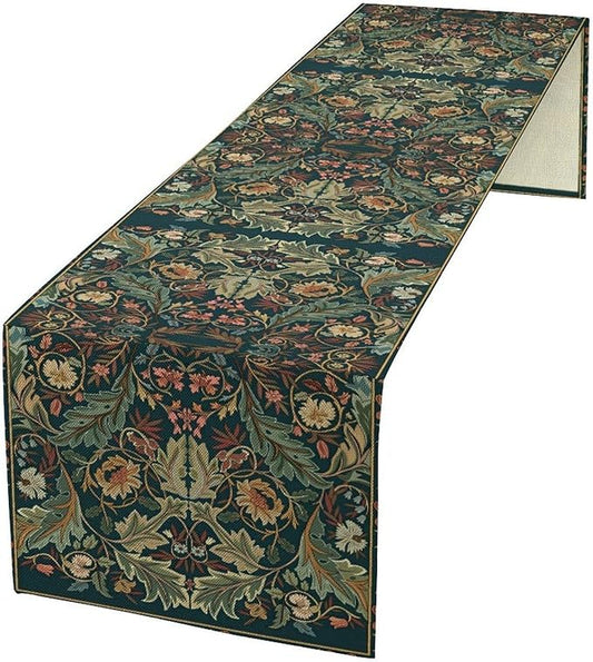 Green Morris Floral Table Runner, Boho Rustic Country Farmhouse Teal Red Rose Pattern for Home Kitchen Table Decor Dining Coffee Room Party Decor 13x60in
