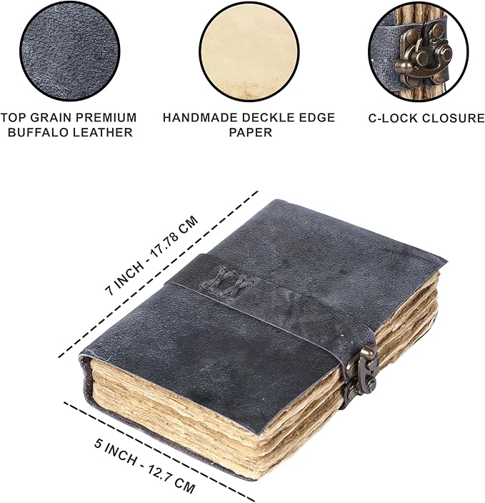 Vintage Leather Journal Handmade Buffalo Non-Refillable Deckle Edge Paper – Leather Bound Journal for Women, Men, Vintage C-Lock Closure Ideal for Writing & Travel for Artists (Grey)