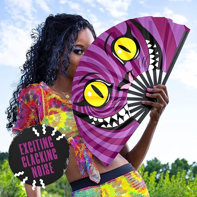 GloFX Large Hand Fan - Alice in Wonderland Cheshire Cat Fan - Bamboo Folding Fans for Rave Accessories and Festival Essentials