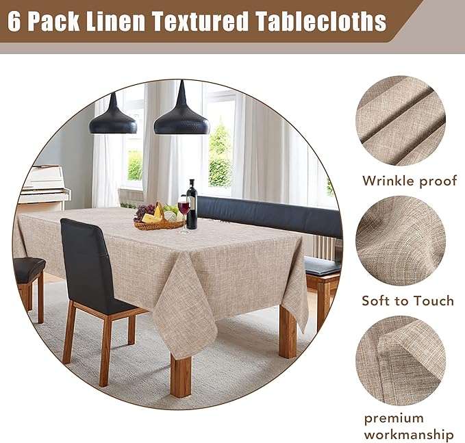 Fitable Faux Linen Tablecloths for Rectangle Tables - 90 x 156 Inch - 6 Pack Fabric Textured Washable Table Clothes Floor Lenghth Table Covers for Wedding, Party, Banquet, Birthday, Nature Color