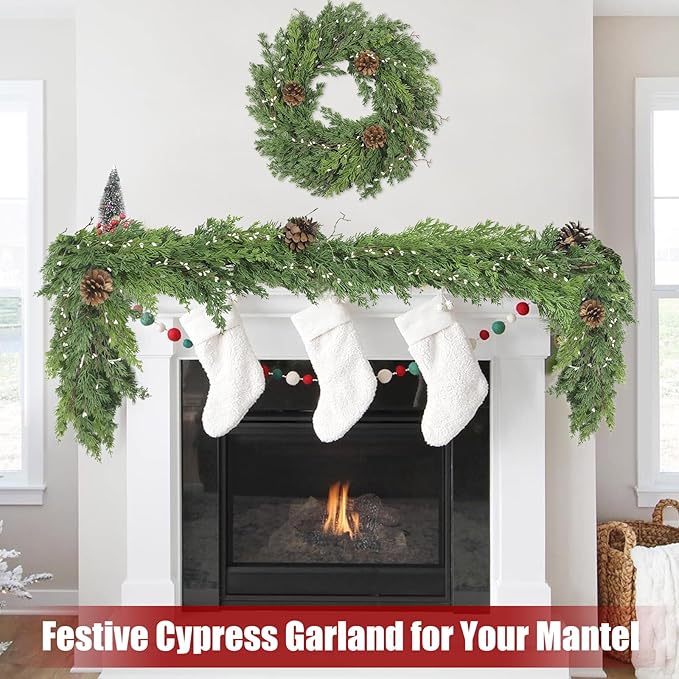 Artgar 6 Ft Christmas Cedar Garland - Realistic Greenery Cypress Garland with Pinecone - Artificial Real Touch Pine Garlands for Outdoor Home Dining Table Mantel Stair Porch Winter Xmas Decor