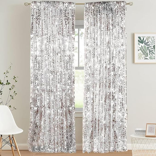 HH 9x9FT Big Silver Sequin Backdrop Curtains,Shimmer Sequin Fabric Photography Backdrop,Photo Backdrop Payette Backdrop Curtain Panels Backgrounds for Wedding Party Christmas Decoration