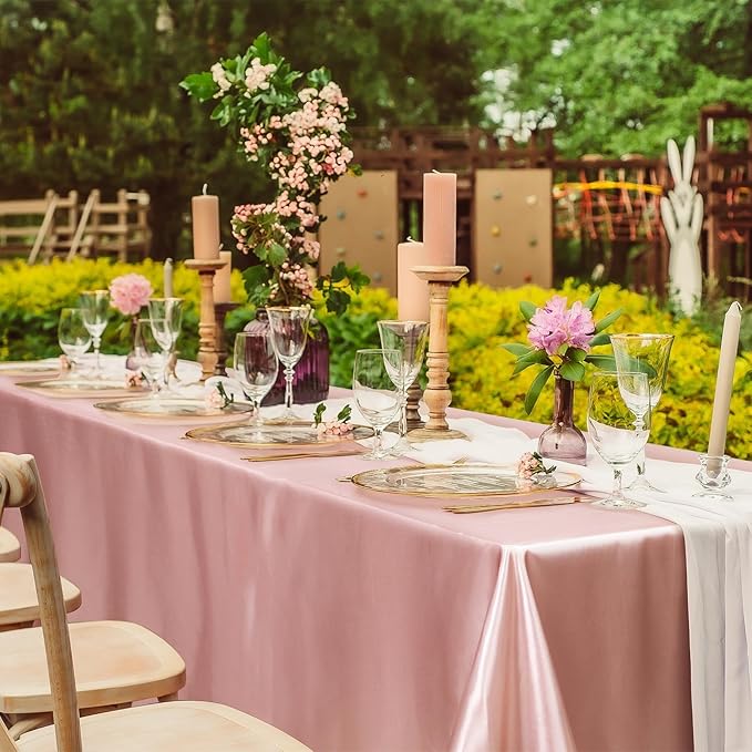 TURSTIN 1 Pack Rose Gold Satin Tablecloth 102 x 58 Inch Overlay Satin Table Cover Rectangle Bright Silk Tablecloth Smooth Fabric Table Decoration for Wedding Banquet Party Events