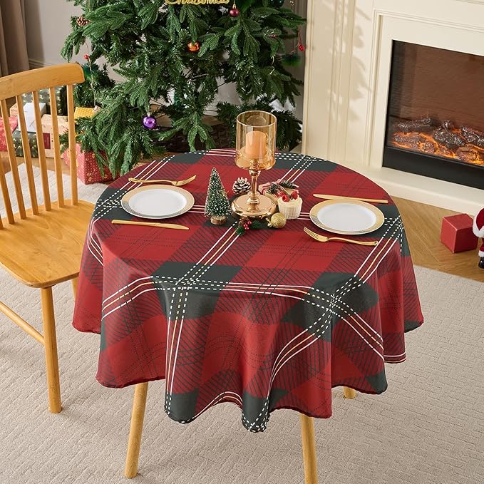 Christmas Tablecloth Round 60 Inch Waterproof, Machine Washable Checkered Polyester Table Cover for Xmas Party, Winter Holiday Home Decoration in Festive Checkered Green 1pack