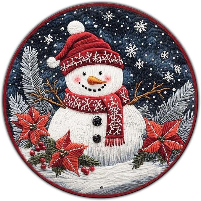 Round Christmas Snowman Decor Metal Tin Sign for Door Hanging Sign for Home Bars Clubs Cafes 8 * 8 in