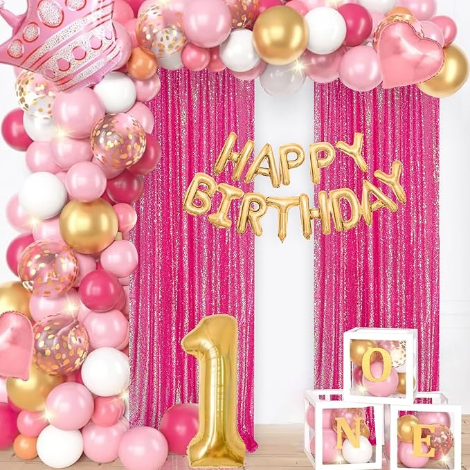 Iridescent Hot Pink Curtains Sequin Backdrop for Wedding Party - 2FT x 8FT Photo Background Backdrop Sparkly Baby Shower Decorations 4 Pcs