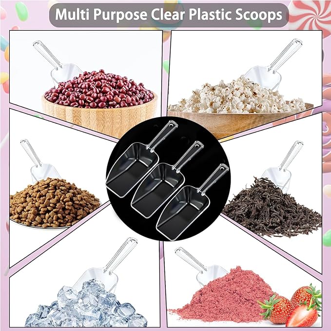 3 Pcs Clear Plastic Ice Scoop Set, Small Acrylic Serving Scoops For Candy Buffet, Canisters, Dry Goods Multi-Purpose Kitchen Food Scoop For Coffee, Tea, Flour, Wedding Desserts (7.8 Inch Long)