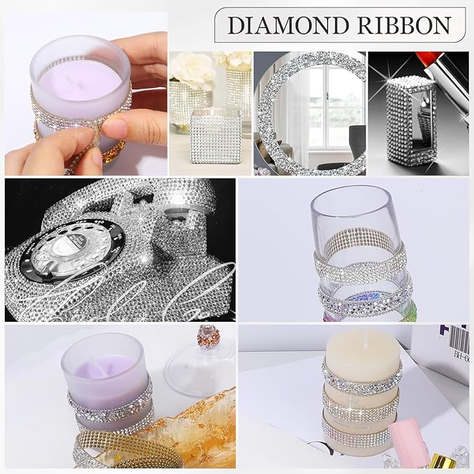 Rhinestone Ribbon 3 Yards Self Adhesive Rhinestone Strips Diamond Ribbon Sticker Crystal Roll Glitter Bling 2mm Rhinestones Tape for Crafting DIY Art Decoration (Silver,0.4 Inch)