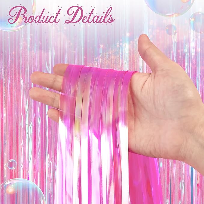 2 Pack Hot Pink Iridescent Streamers Backdrop, 3.3x6.6ft Foil Fringe Curtains Holographic Door Tinsel Streamers Photo Booth Prop for Birthday, Wedding, Holiday, Bachelorette, Theme Party Decorations