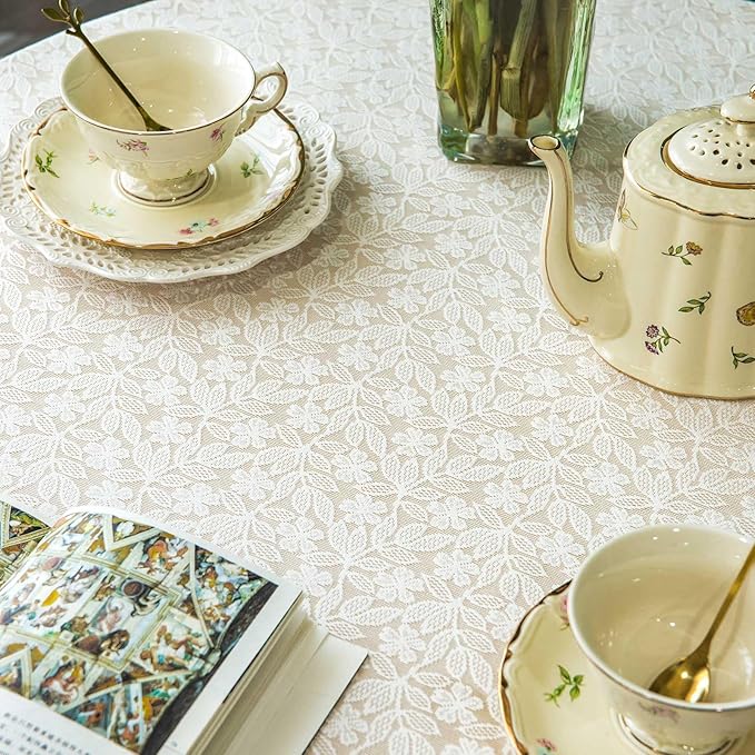 Lace Tablecloth Leaf Pattern Warp Knitting Fabric Solid White Round Table Cover for Kitchen Dining Farmhouse Wedding Party Decor Ivory, 70 Inch