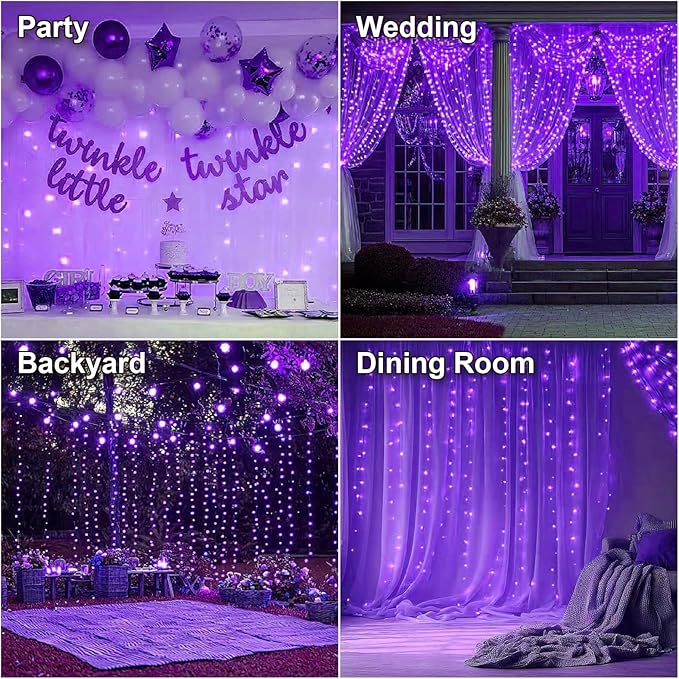 HXWEIYE 300LED Fairy Curtain Lights, 9.8x9.8Ft USB Plug-in 8 Modes Christmas String Hanging Lights with Remote for Bedroom Backdrop Wedding Party Indoor Wall Decor, Purple