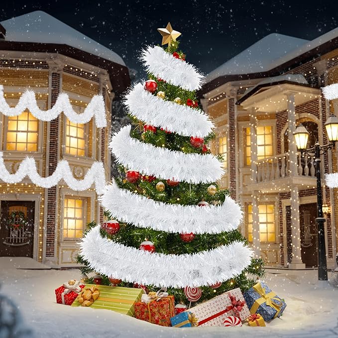 72 Feet Christmas Tinsel Garland Shiny Metallic Tinsel Twist Garland Streamers Ornaments Long Glitter Christmas Tree Hanging Decorations for Party Holiday Wedding Birthday Tree Wall Rail (Snowy White)
