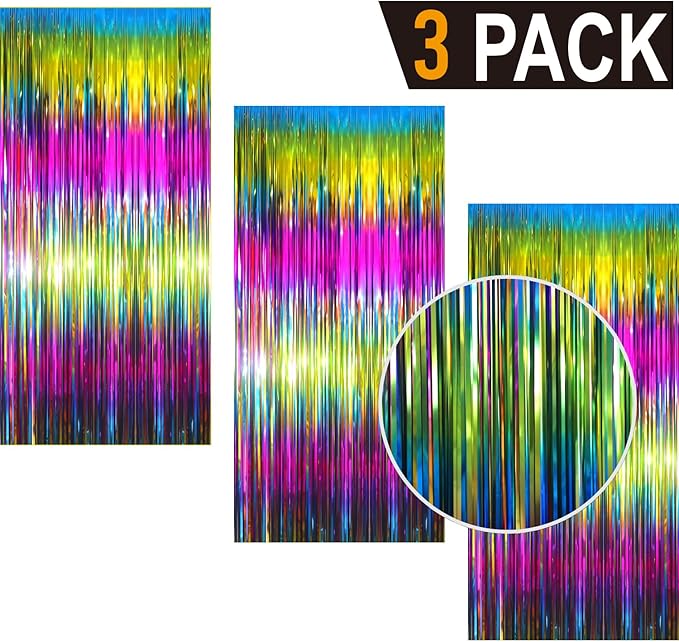 GOER 3.2 ft x 8.2 ft Metallic Tinsel Foil Fringe Curtains Party Photo Backdrop Party Streamers for Birthday,Graduation,New Year Eve Decorations Wedding Decor(3 Packs,Macaroon Rainbow)