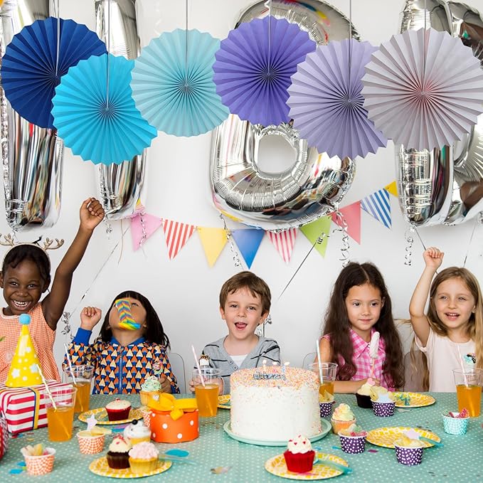 BARTHEW Blue Hanging Paper Fans,Blueaccessories Paper Decorations for Party,Blue Harmony Classroom Decorations,Party Decorations for Boys 16in Hanging Paper Fans 30 Color DIY Set (Sky Blue)