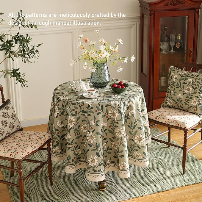 ISAENNE Designer Green Linen Small Round Tablecloth,Floral French Country Indoor Table Cloth,Stain Resistant Home Decor Tablecloths for Dining Kitchen Thanksgiving Party,Diameter 55"-Brune