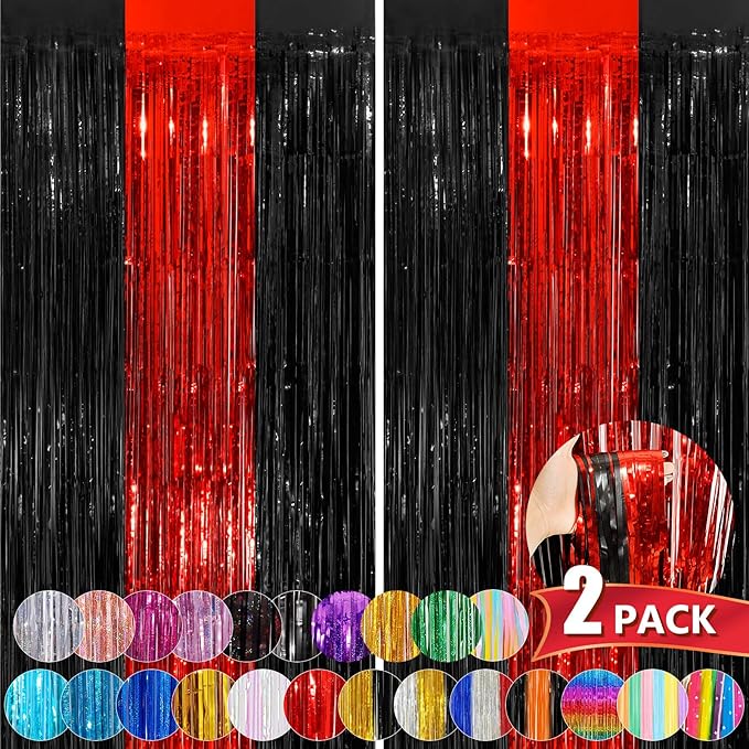 Black Red Tinsel Foil Fringe Curtains, 2 Pack 3.3x8.3 Feet Party Streamer Curtains for Birthday Party Decorations, Halloween Decor, Foil Curtain Backdrop for Bachelorette Party