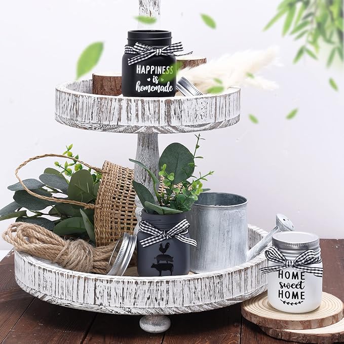Mini Mason Jar Centerpiece Table Decorations for Farmhouse Coffee Table Dining Table Decor Tiered Tray Jar with Lids for Kitchen Living Room Set of 3