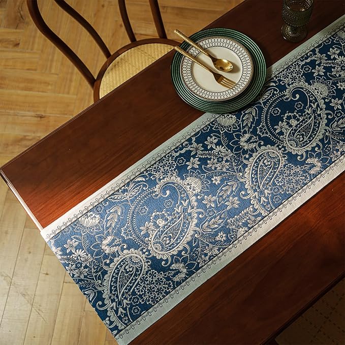13×72 Inch Table Runner, Retro-Luxury Tassels Series for Kitchen Dining Table Holiday Decoration (Blue Pheonix)
