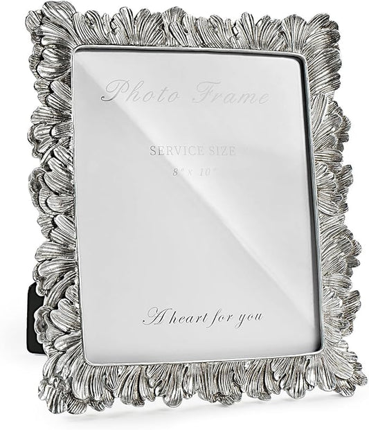 Cuspin 8x10 Picture Frame Silver, Vintage Silver Palm Leaves Textured Hand-Crafted Resin with Glass Front, Elegant Retro Design Photo Frame for Wall and Tabletop Display Home Decor