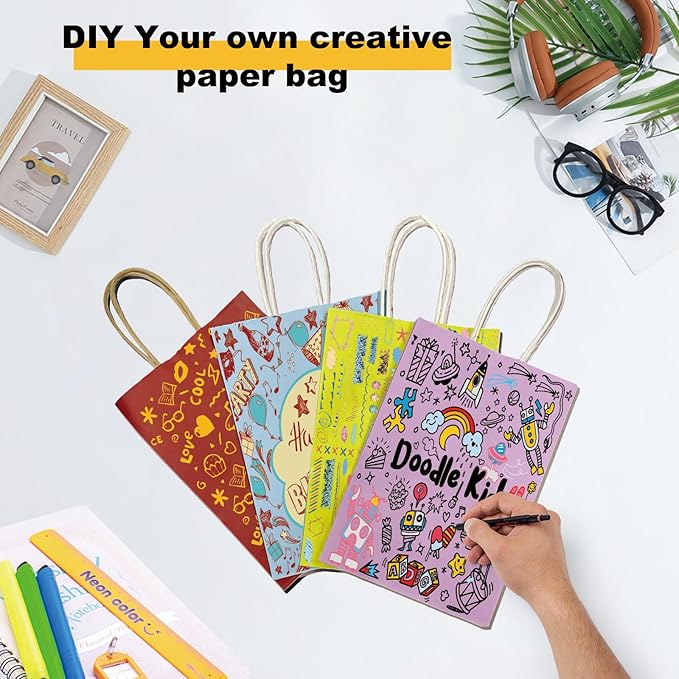 BAG BOX 50 Pack Small 5.9x3.1x8.25 Inch Blue Kraft Paper Gift Bags with Handles for Bulk Shopping, Retail, Craft, Party Favors, Wedding, Grocery & Sacks