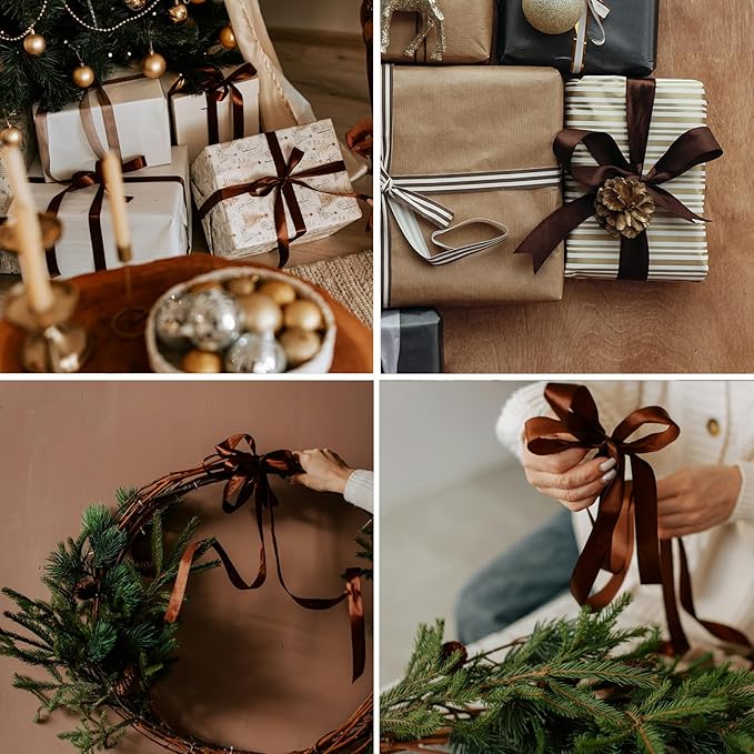 1-1/2 Inch Brown Satin Ribbon 50 Yards Solid Fabric Ribbons for Gift Wrapping, Crafts, Floral Arrangements, Wedding, Party, Holiday and Home Decor