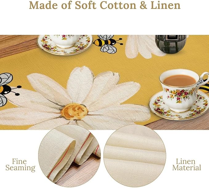 Daisy Flower Table Runner, Summer Spring Seasonal Watercolor Wildflower Yellow Bee Print Table Cover for Home Party Decor Kitchen Dining Table, 13x120inch