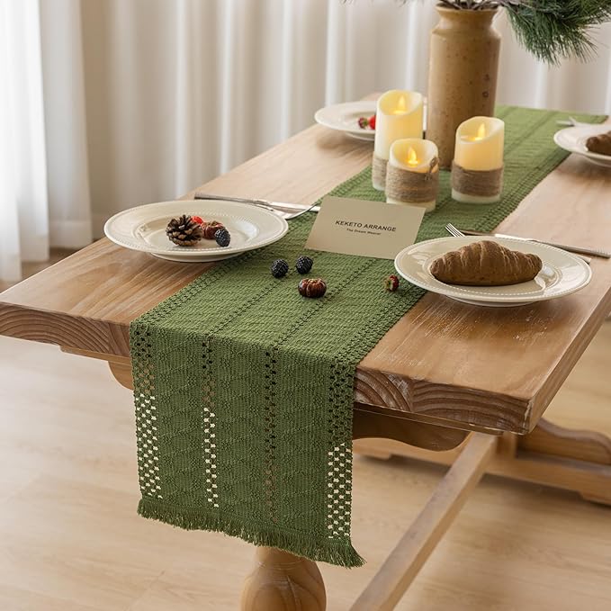 Boho Sage Green Table Runner for Home Decor 12x72 Inches Farmhouse Macrame Burlap Jute Rustic Dining Kitchen Centerpiece Bohemian Decor French Country Baby Bridal Shower Decorations
