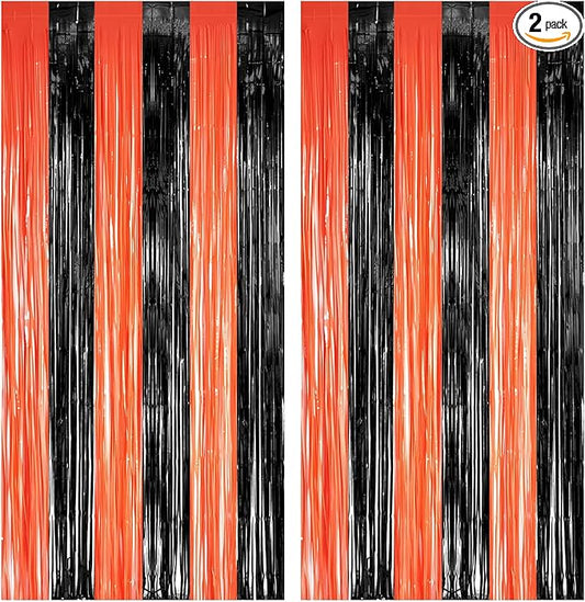 Black Orange Streamers Party Backdrop - GREATRIL Tinsel Fringe Curtain for Halloween Decorations/Pumpkin/Birthdays Party Decoration - 3.2ft X 8.2ft - 2 Packs
