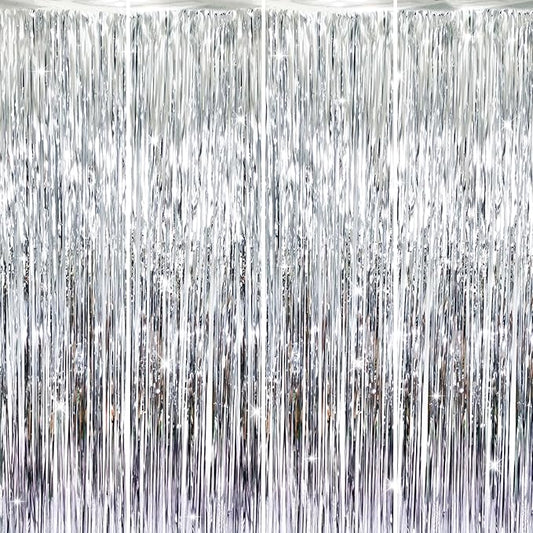 GOER 3.2 ft x 8.2 ft Metallic Tinsel Foil Fringe Curtains Party Photo Backdrop Party Streamers for Birthday,Graduation,New Year Eve Decorations Wedding Decor (4 Packs,Silver)