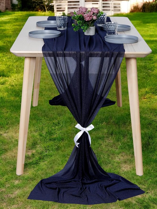 MDS 2 Pack 14ft Chiffon Table Runner 29 x 170 Inches Sheer Wedding Runner Romantic Rustic Table Runner for Wedding Decorations, Birthday Parties, Bridal Shower Party Arch Decor - Navy Blue